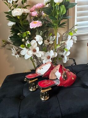 Versace Red Satin Medallion Mules with Gold Column Heels